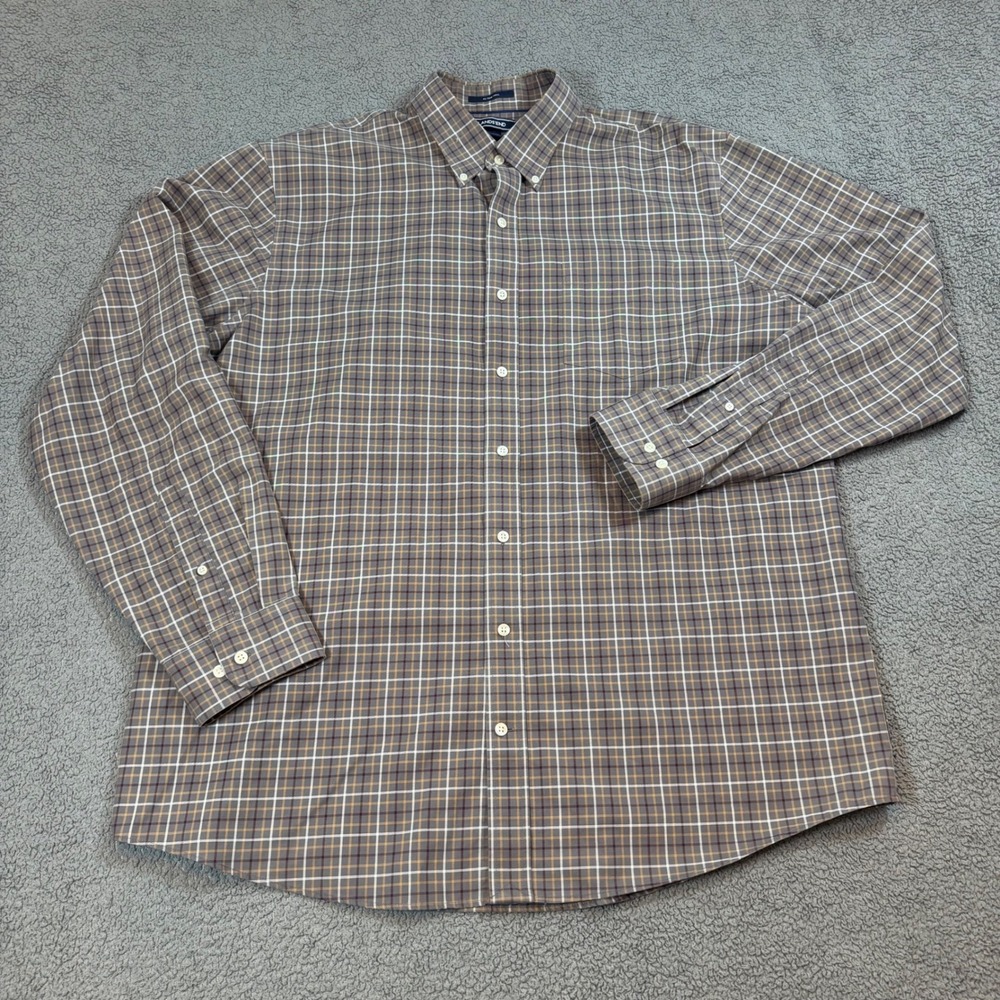 Lands End Mens XL Tall No Iron Twill Plaid Button Down Shirt Brown Traditional